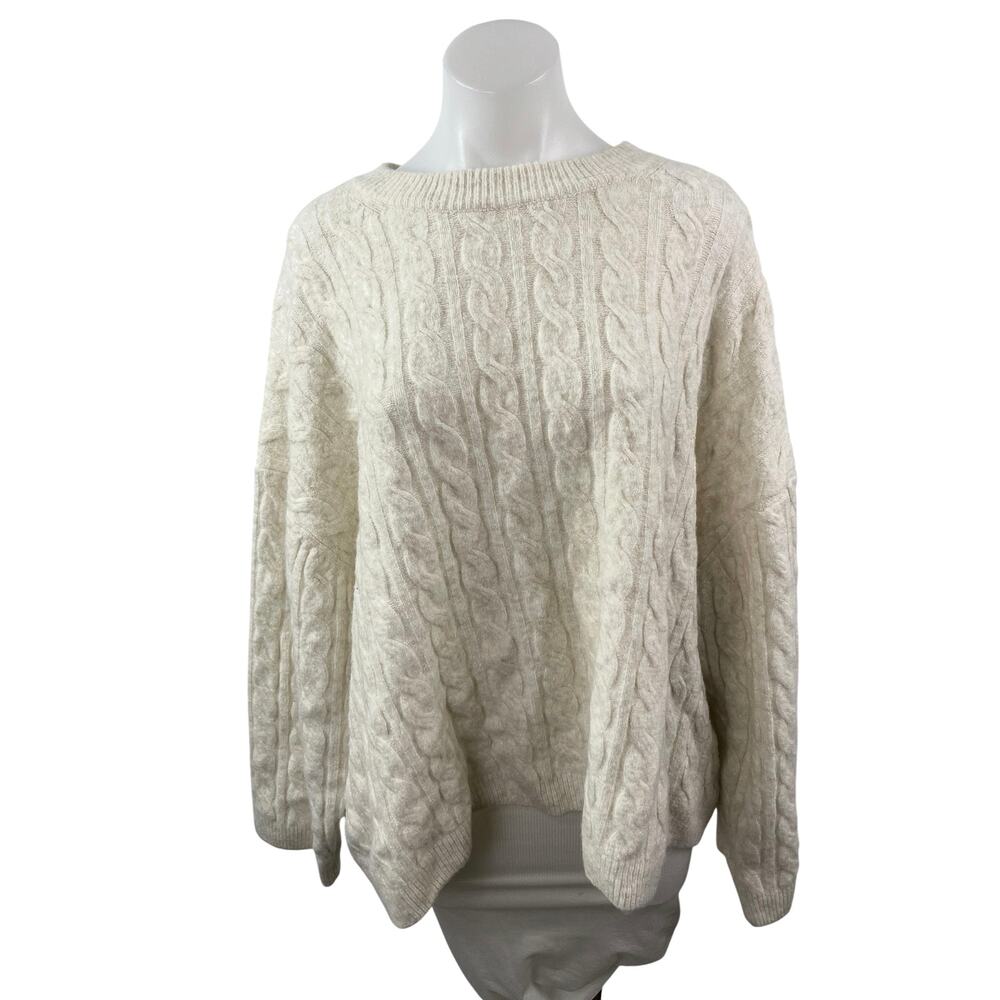 H&M Women's White Cable Knit Long Sleeve Crew Neck Loose Sweater Top Size XL